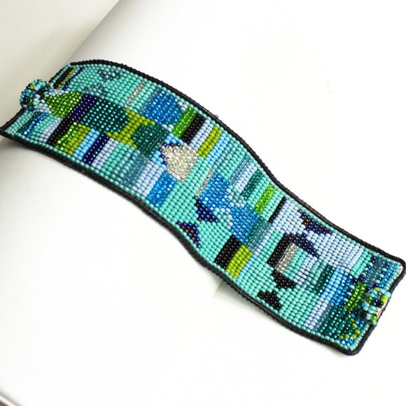 Czech Bead Wide Tribal Bracelet Turquoise, Blue - Picture 1 of 1
